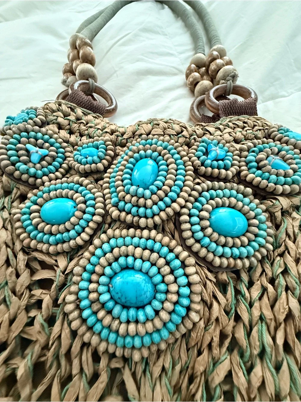 Chico's Brown Handwoven Satchel with Turquoise Bead Accents